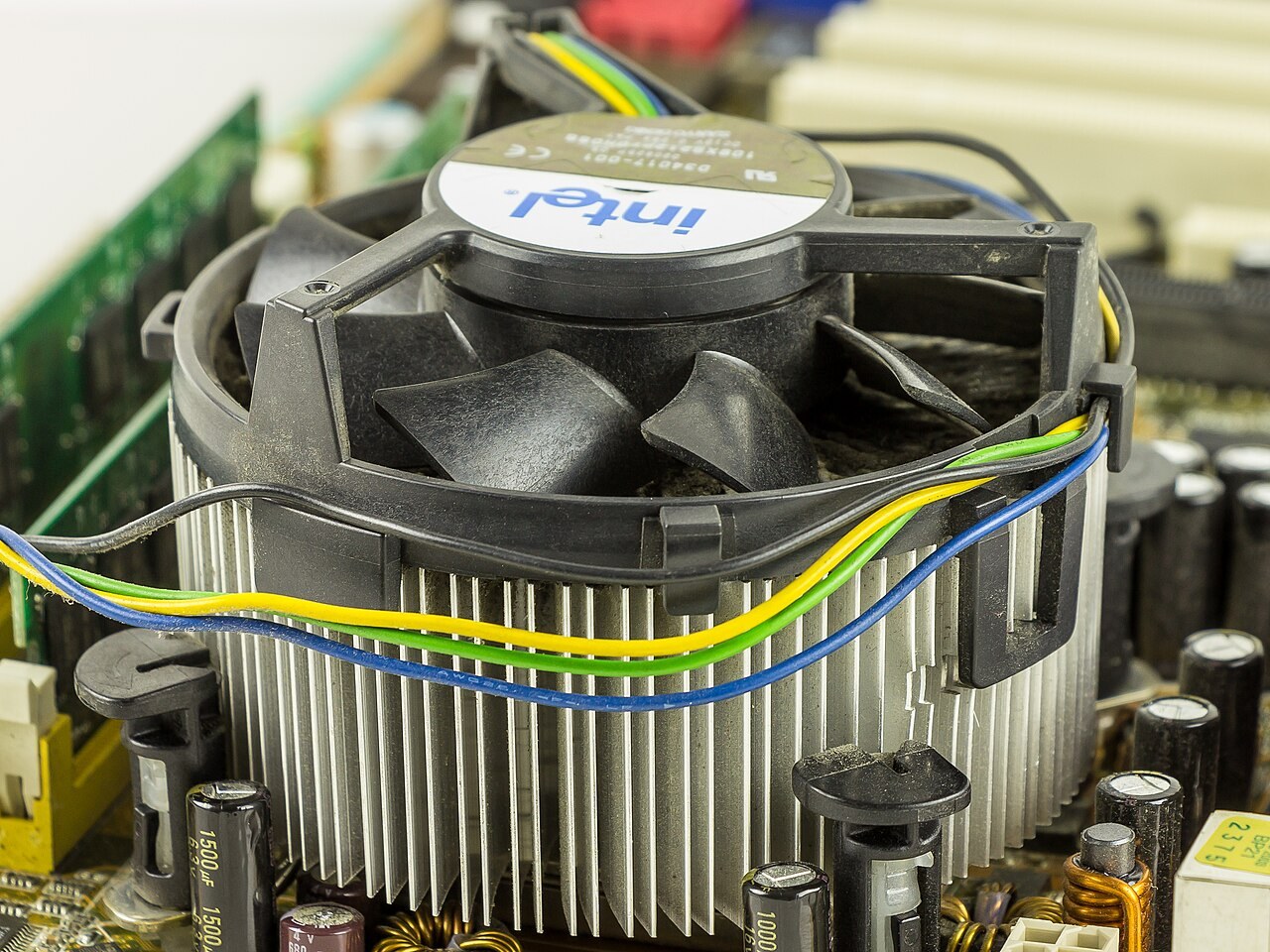CPU cooling fan mounted above an aluminium heatsink