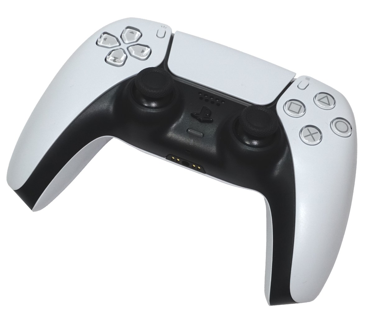 White DualSense controller showing its buttons and analogue sticks